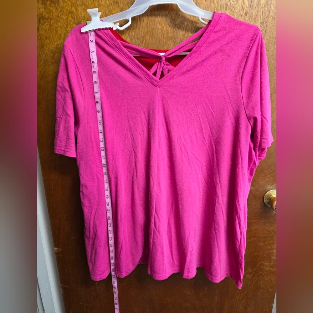 Lane Bryant Hot Pink V-Neck Short Sleeve Tee with Back Tie